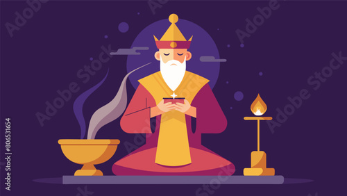 The emperor lights incense and offers a silent prayer of gratitude for the blessings in his life acknowledging the impermanence of all things.. Vector illustration