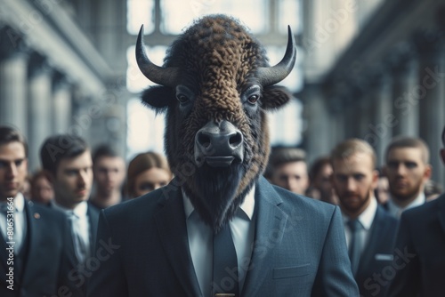 A American Bison in a crisp business suit, standing confidently in a bustling corporate office, surrounded by impressed human colleagues, AI Generative