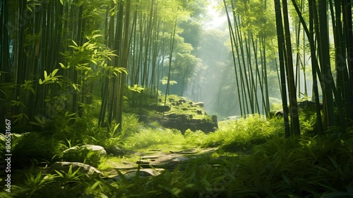 Beautiful panoramic view of a green bamboo forest in spring