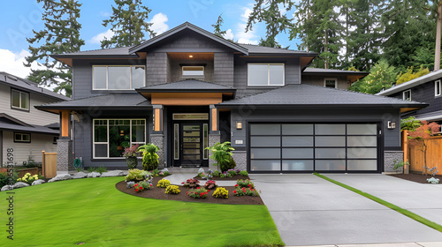 Grey luxury modern two story tall house exterior with stone columns,3d rendering of modern cozy house in chalet style with garage for sale or rent with large garden and lawn,Modern style home boasts
