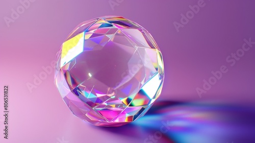 A single  flawless crystal orb  its surface reflecting a spectrum of colors  set against a solid  deep purple studio background  showcasing the orb s clarity and the captivating play of light. 