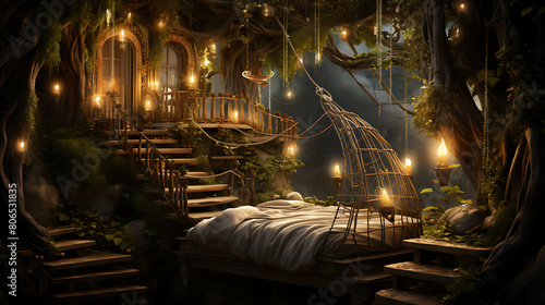 Mystical forest treehouse with rope bridges, lanterns, and a canopy bed, photo