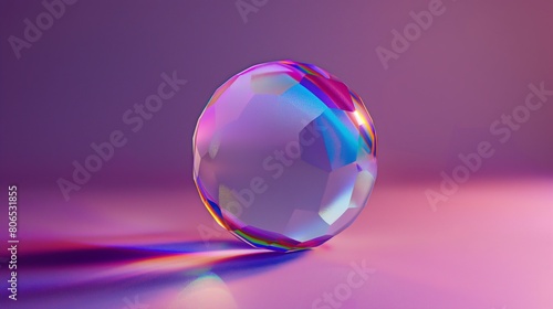 A single, flawless crystal orb, its surface reflecting a spectrum of colors, set against a solid, deep purple studio background, showcasing the orb's clarity and the captivating play of light. 