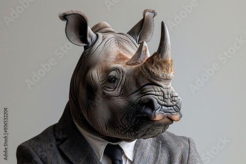 A Rhinoin a sharp business suit, poised and dignified, isolated against a stark white background, AI Generative photo