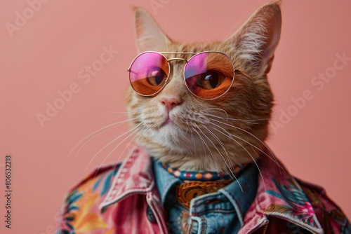 A Sand Cat styled in funky fashion with a colorful jacket, casual shirt, and dark shades, against a soft pastel background, creating a cool, AI Generative
