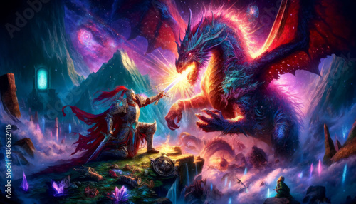 A vivid and dynamic fantasy scene depicting a red-haired warrior confronting a colossal dragon under a cosmic sky..