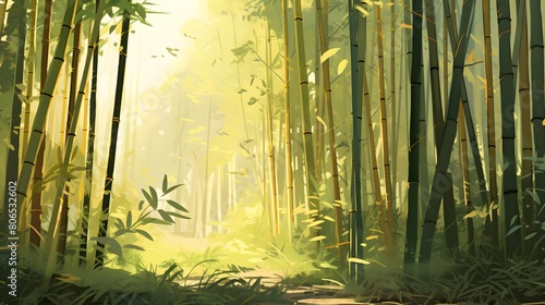 Bamboo forest in the morning mist. Panoramic image.