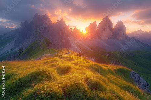 A breathtaking sunrise over the Dolomites mountain range in Italy, with lush green grass and towering peaks. Created with Ai #806532605
