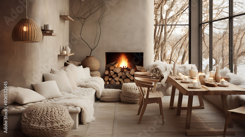 Nordic-inspired caf?(C) with cozy knit blankets, candles, and a minimalist, warm design,
