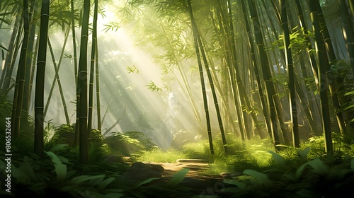 Panoramic view of beautiful green forest with sunlight in the morning