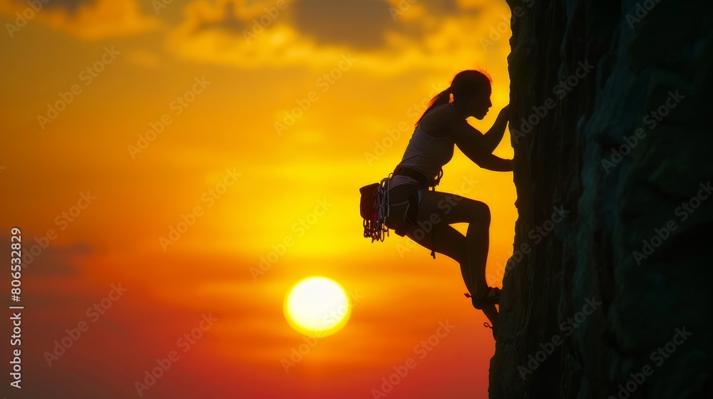 Dynamic silhouette of an athletic woman climbing a challenging rock face, the sun setting behind her, AI Generative Dynamic silhouette of an athletic woman climbing a challenging rock face, the sun setting behind her, AI Generative