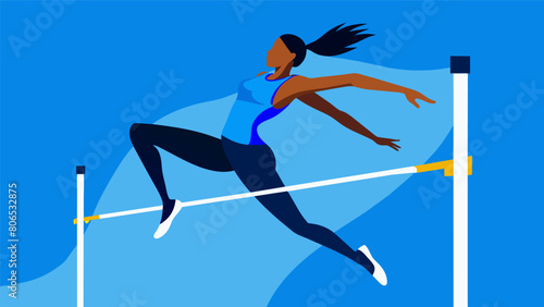 A high jumper gracefully arches over the bar her body silhouetted against the bright blue sky.. Vector illustration