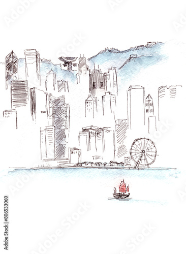 Hong Kong, Victoria Harbor and junk with red sails, watercolor travel sketch