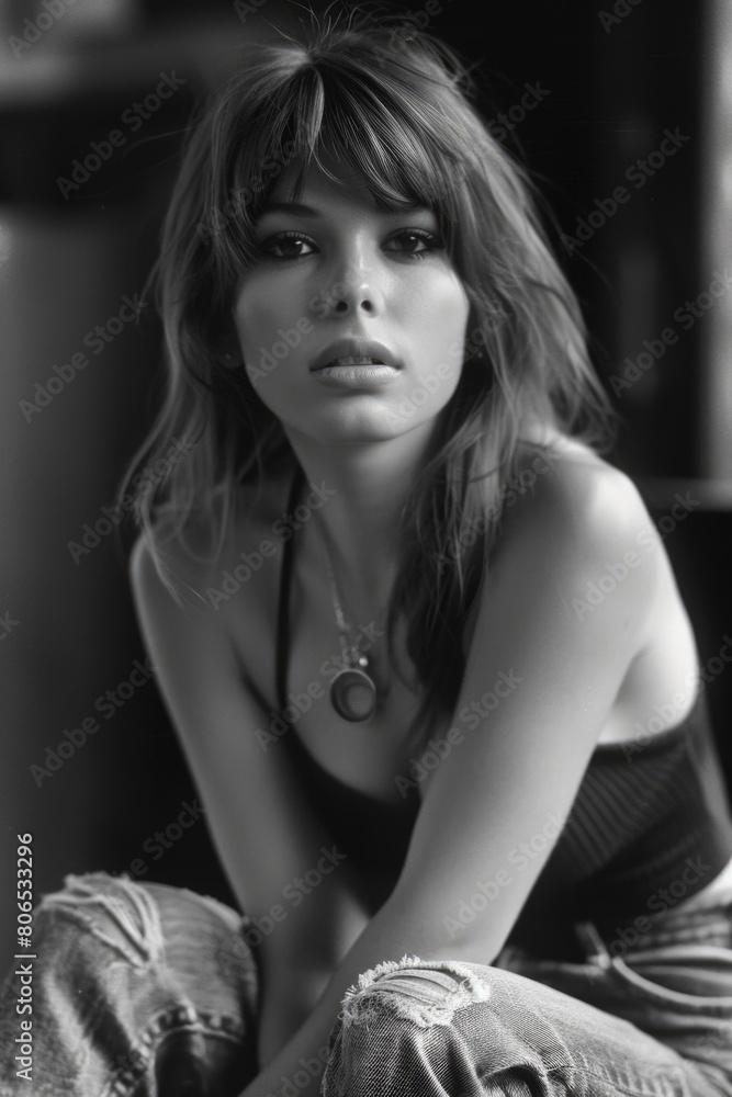 Naklejka premium Nostalgic black and white fashion: timeless elegance meets retro vibes in 1960s and 1970s clothing, a monochrome journey through iconic styles of the era, capturing the essence of vintage glamour