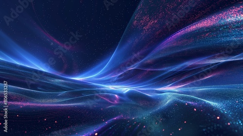 A panoramic view of a digital aurora, synthetic lights dancing across a virtual sky, their colors more vivid and patterns more intricate than nature's own, set against a deep, tech-inspired indigo bac
