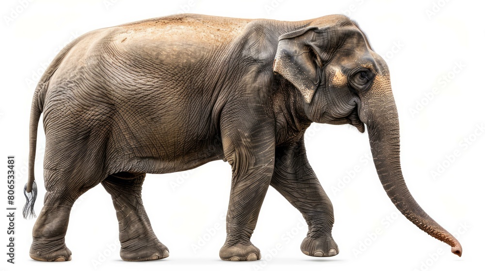 Fototapeta premium Indian elephant female, trunk raised in a welcoming gesture, isolated against a clean backdrop, a cutout that captures the gentle spirit and grandeur of this magnificent creature, AI Generative