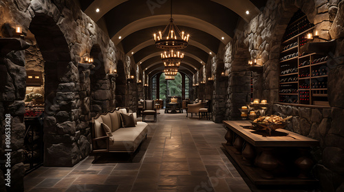 Old-world wine cellar with stone walls and wrought iron gates, photo