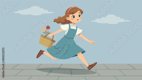 A young girl skipping down a cobblestone street in a pinafore dress and Mary Jane shoes carrying a wicker basket filled with wildflowers..