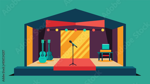 A small stage is tucked into one corner creating a space for live performances and open mic nights. Vector illustration