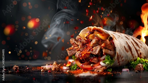 Beef doner kebab wrap on a black stone plate with fire flames and spices around it.