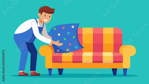 The instructor demonstrates how to reupholster a worn sofa giving it new life with vibrant fabric.. Vector illustration