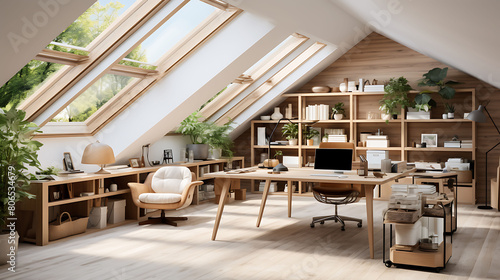 Open-concept attic home office with skylights and a minimalist white and wood design,
