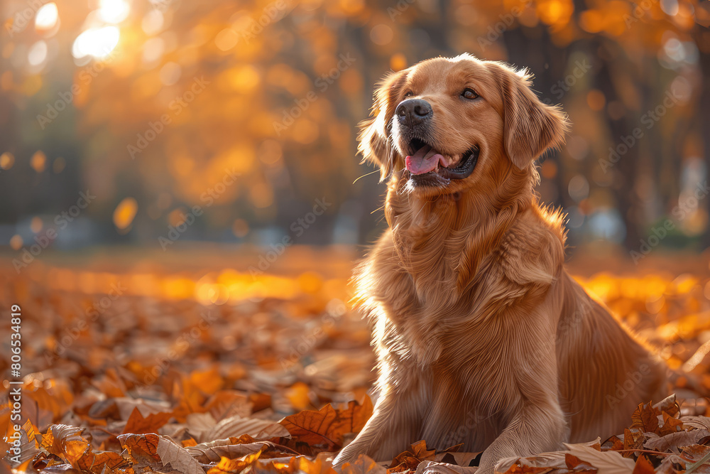 A happy Golden Retriever dog sitting in the park on an autumn day, surrounded by fallen leaves and colorful trees. Created with Ai