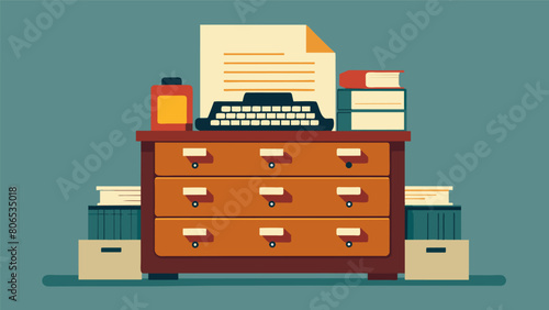 A vintage typewriter sits prominently on a filing cabinet its keys still clacking away as the offices only means of typing.. Vector illustration