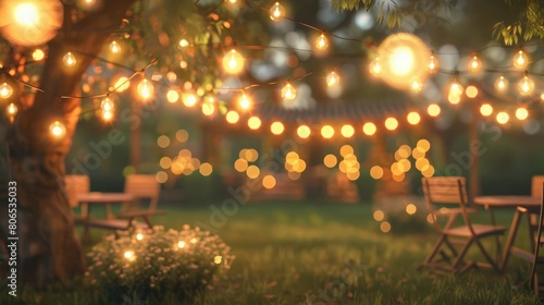 Soft orbs of glowing string lights cast a warm haze over the scene framing a relaxed backyard barbecue where rows of lawn chairs and picnic tables blend into a dreamy blur.