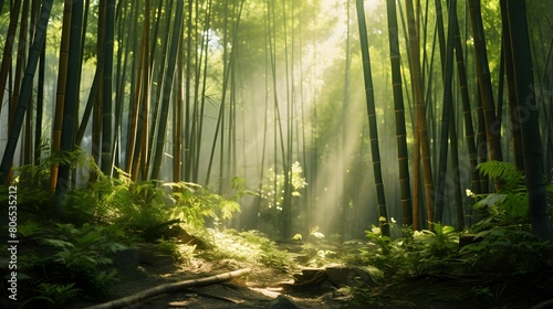 Panoramic view of a beautiful green forest with sunbeams