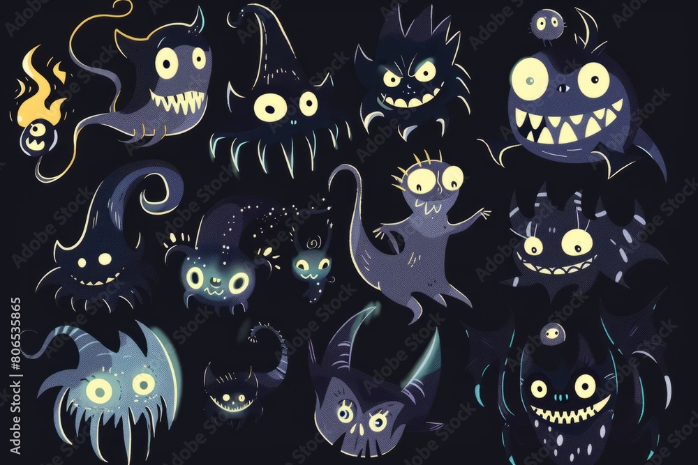 Cartoon cute doodles of shadow world creatures with glowing eyes and mischievous smiles, lurking in the darkness, Generative AI