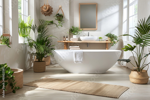 A bright bathroom with white walls  large windows on the left side and an elegant freestanding bathtub in front.