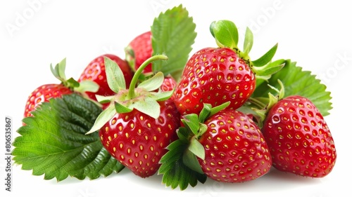 A cluster of ripe strawberries with vibrant red colors and green leaves, isolated on white