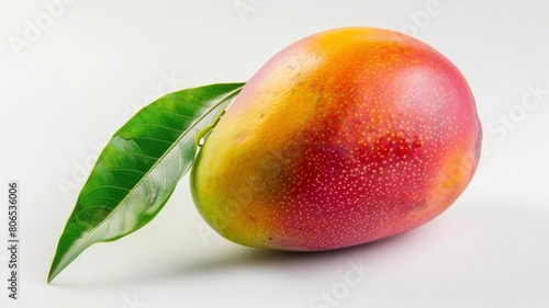 A whole mango with a tropical leaf accent, vibrant and lush against a white backdrop