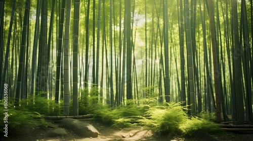 Bamboo forest panoramic view. Bamboo grove with sunbeams. Bamboo grove in the morning light. Bamboo forest background. Bamboo grove in the morning light.