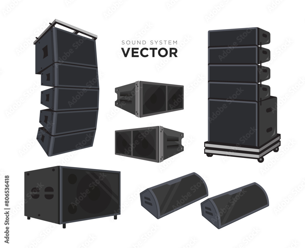 Sound system vector set. PA audio system, line array speakers ...
