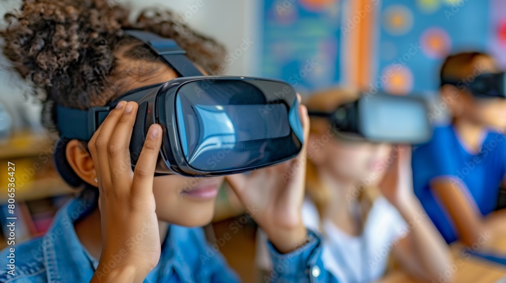 Obraz premium Close-up of a teacher adjusting a student's VR headset in the classroom, ensuring optimal immersion for the educational experience.