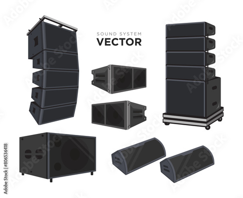 Sound system vector set. PA audio system, line array speakers illustration