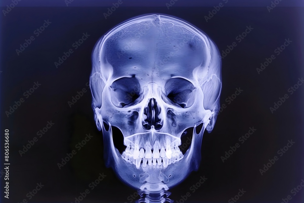 Fototapeta premium X-ray image showcasing a human skull, detailed view of cranial structure, in a dark background