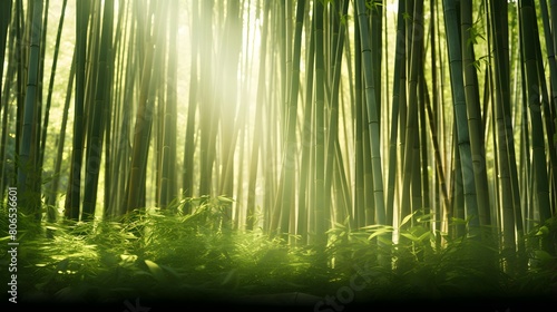 panoramic view of green bamboo forest with sunbeams in summer