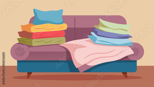 A pile of soft blankets and pillows is arranged on the couch inviting the viewer to sink in and get comfortable..