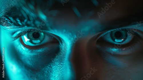 Close-up of a hacker's eyes illuminated by the glow of computer screens, plotting cyber attacks with nefarious intent. photo