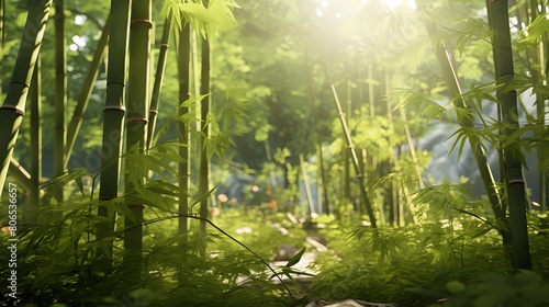 Bamboo forest in the morning sun. Panoramic image.