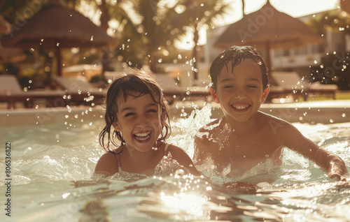 children laughing and playing in the pool at their hotel resort, sunlight shining on them © Kien
