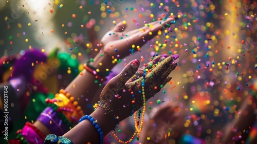 Closeup of hands throwing beads from a parade float during Mardi Gras, festive colors bursting in the air photo
