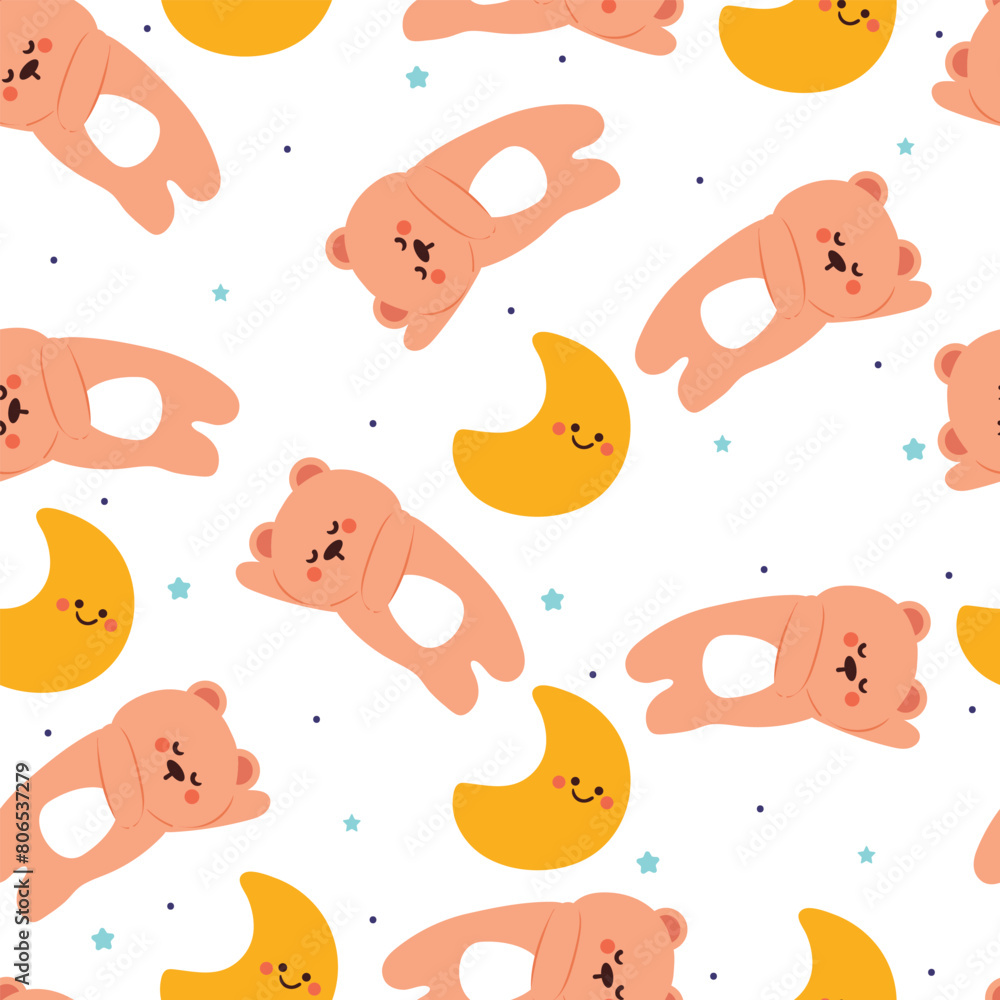 seamless pattern cartoon moon and bear sleeping. cute animal wallpaper for gift wrap paper