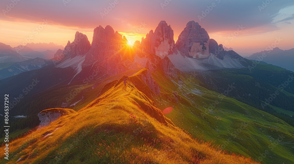 A breathtaking aerial view of the Dolomites in Italy, with sun setting behind majestic peaks, casting long shadows over lush green meadows and golden fields. Created with Ai