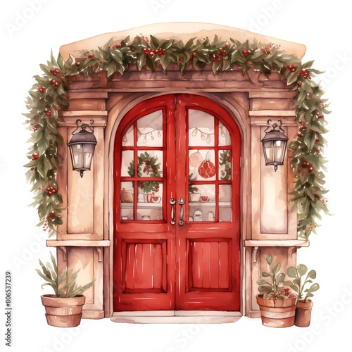 Hand drawn watercolor illustration of a vintage wooden door decorated with Christmas wreath.