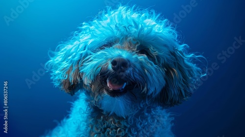Extreme zoom in at dogs eyes Reflection in his eyes A Happy SMILING Middlesized Fluffy Schnoodle Dog with light brown spots on his back is smiling against dark Blue background with photo