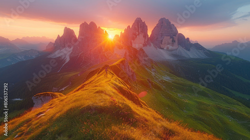 A breathtaking aerial view of the Dolomites in Italy  with sun setting behind majestic peaks  casting long shadows over lush green meadows and golden fields. Created with Ai